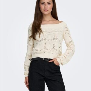 ONLY Off-the-shoulder Cream White Knitted Sweater Boat Neck Cold Sjoulder M 8 10
